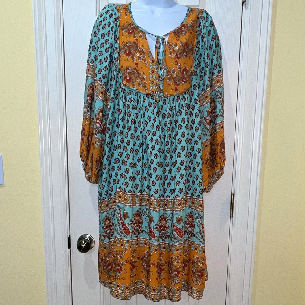 BLUETIME Turquoise Orange Floral V-Neck Tie 3/4 Sleeve Midi Dress XL Boho Dress